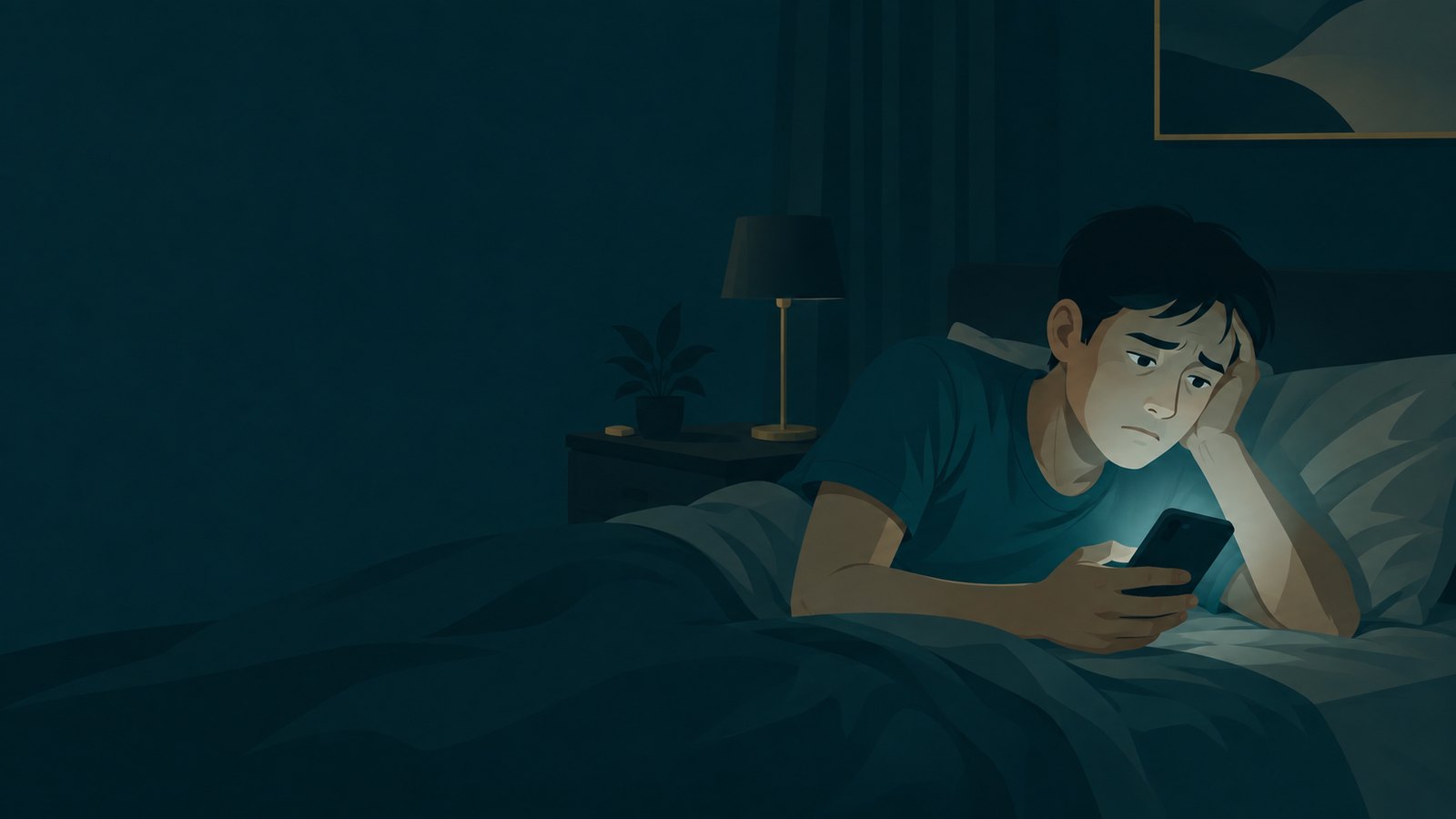 術後半夜，病人在黑暗的房間裡側躺著滑手機查資料，臉上帶著擔憂